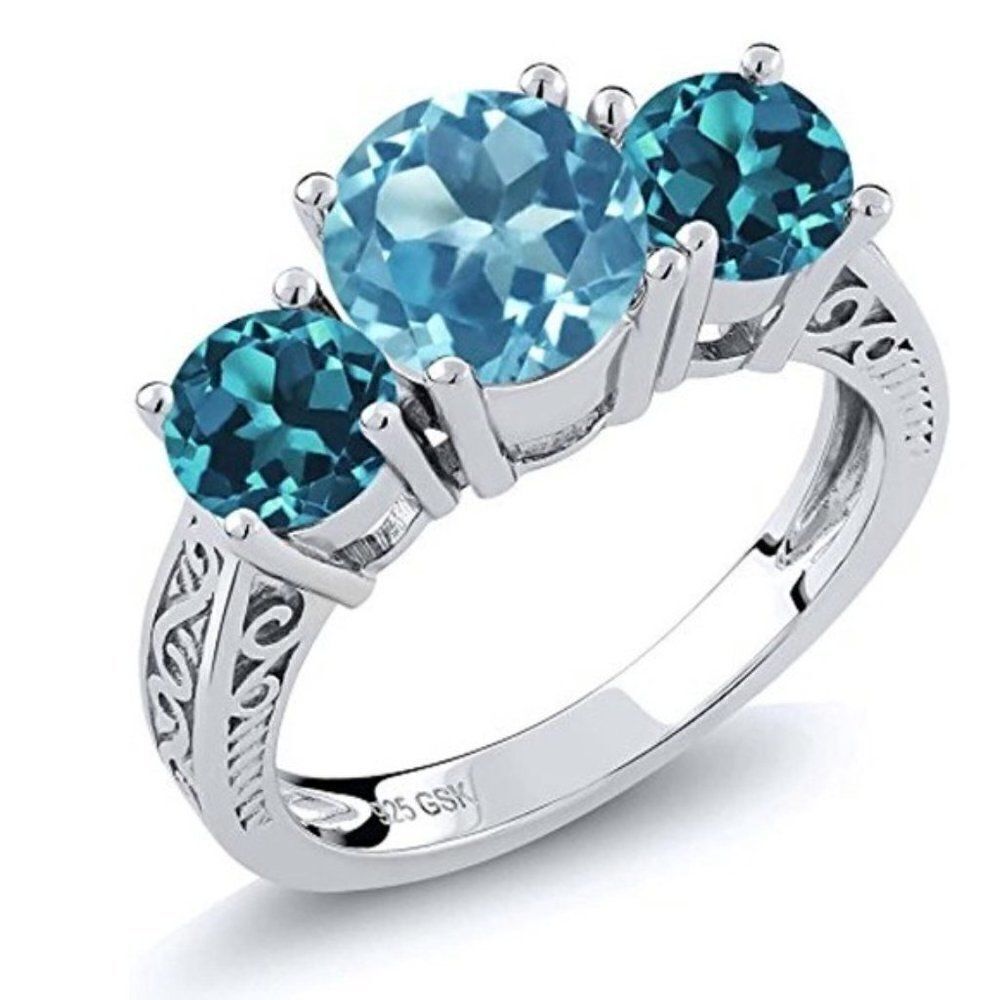 .925 Sterling Silver with Natural Swiss Blue Topaz and London Blue Topaz Ring